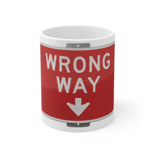 Wrong Way This Way deadpan AI-fail design printed on a Sort Of Ish 11oz ceramic mug, product photo