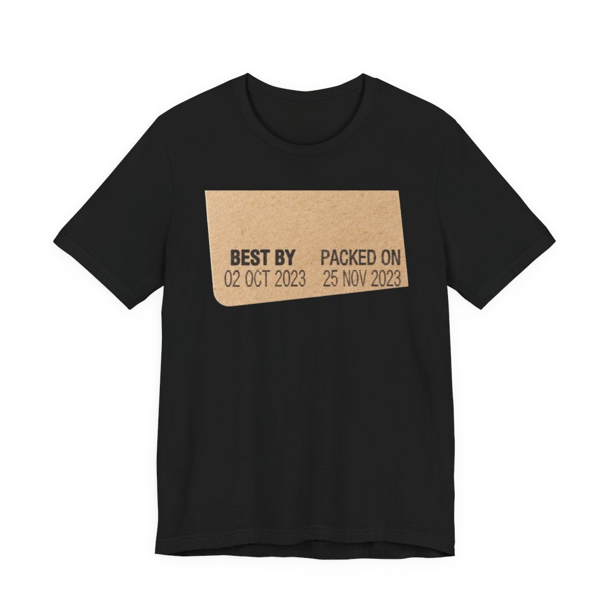 Best By Yesterday deadpan AI-fail design printed on a Sort Of Ish unisex tee, black, front view