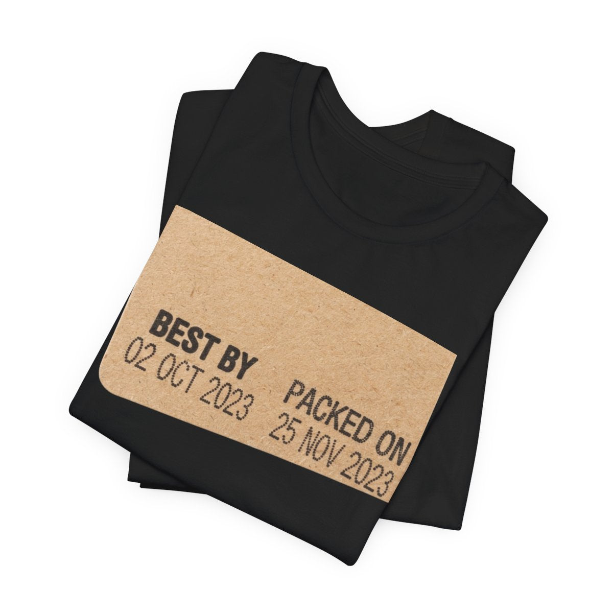 Best By Yesterday design on a Sort Of Ish unisex tee, black, folded