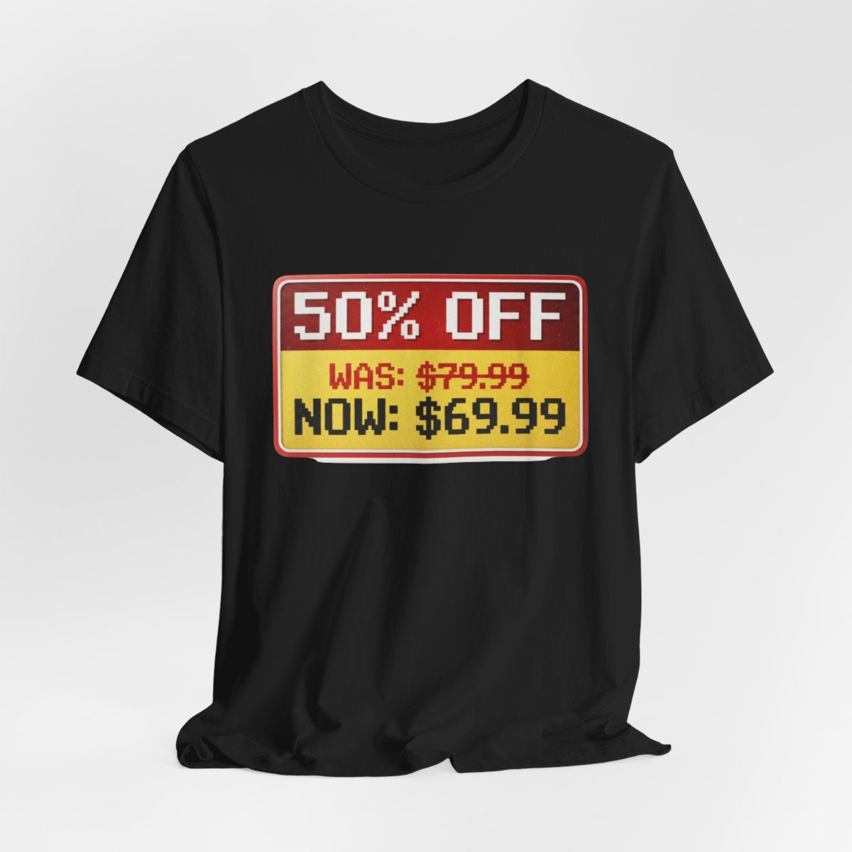 Half Off Everything design on a Sort Of Ish unisex tee, black, hanging