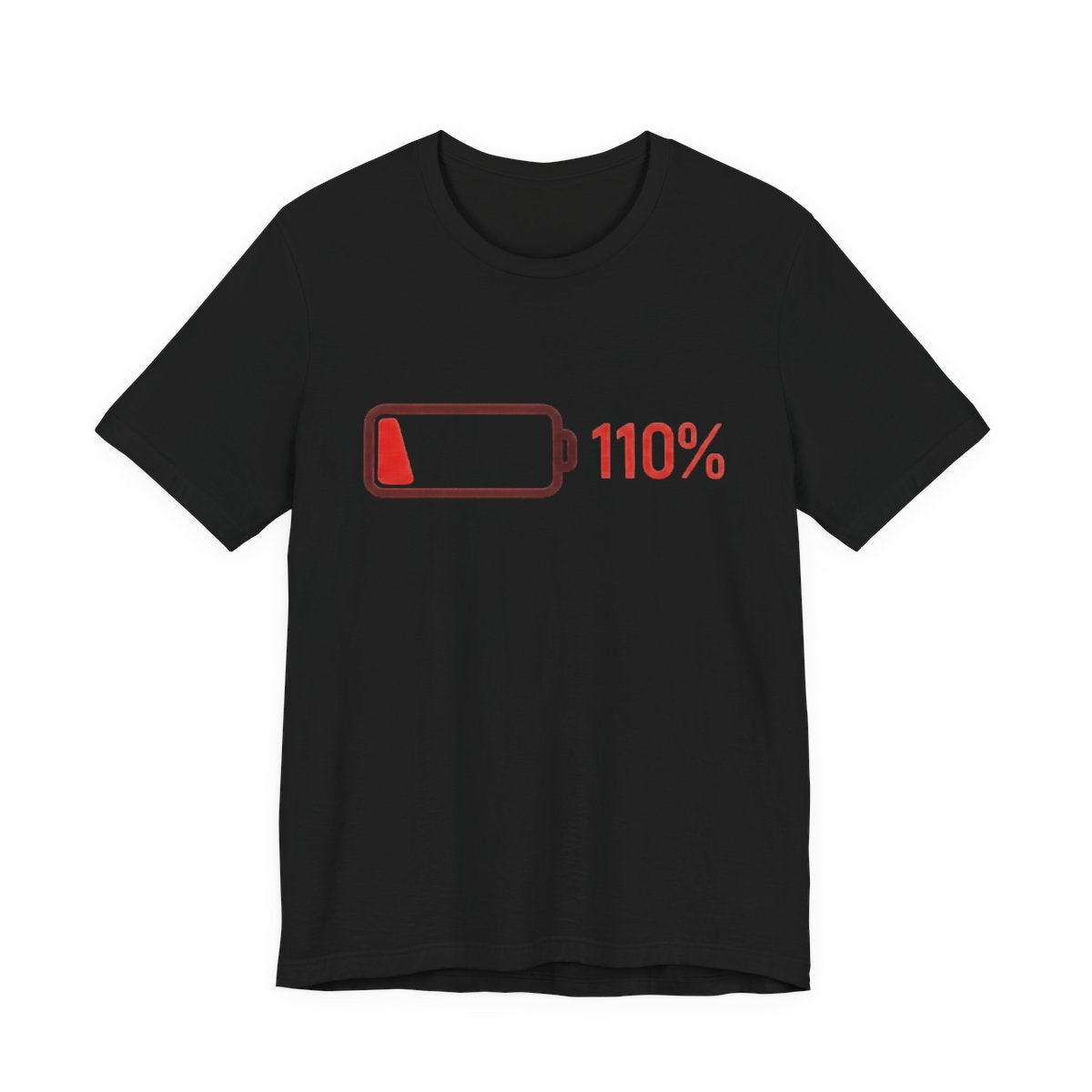 Low Battery 110 Percent deadpan AI-fail design printed on a Sort Of Ish unisex tee, black, front view