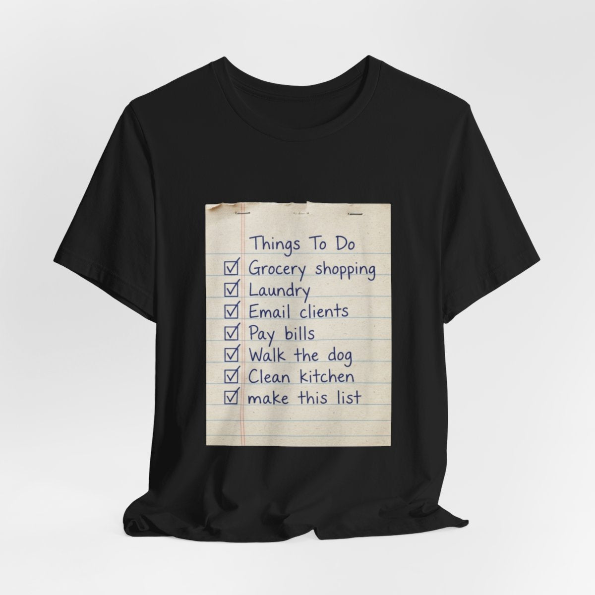 The List Eats Itself design on a Sort Of Ish unisex tee, black, hanging