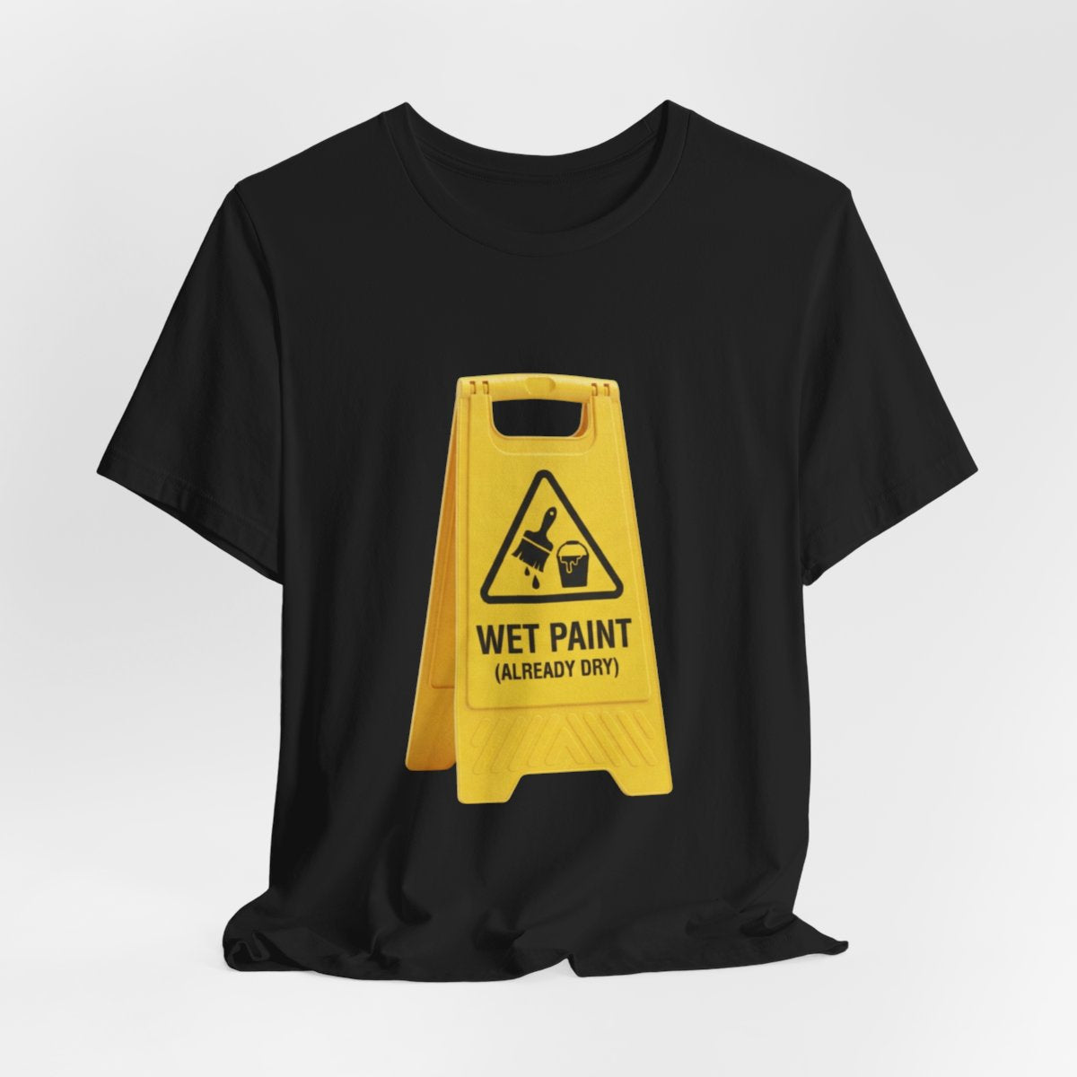 Wet Paint Dry design on a Sort Of Ish unisex tee, black, hanging